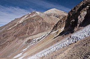 Summit of the Chachani volcano (left, a bit lower), 6075m high, and Mt Fatima (highest), the highest of the three volcanoes above Arequipa, Peru, in october 2007.