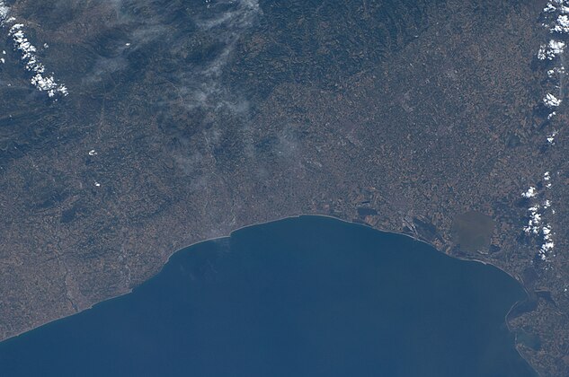 Coast of Adriatic Sea to Gabicce Mare and Rimini, a view of Fano, Fiume Metauro and mountains from ISS