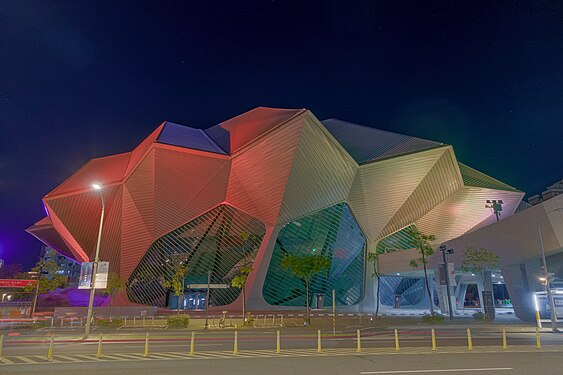 Night scene of Taipei Music Center Performance Hall. That Outdoor lightings does able to play the light show on its roof surface in the evening.