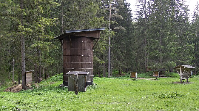 Wooden silo of a game feeder in Tyrol/Austria.