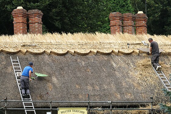 Workers re-doing the artistic roof line on a thatched cottage