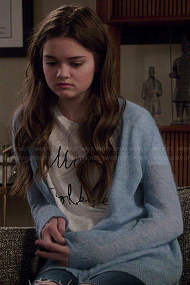 Emma's 'Hello Goodbye' tee and blue fluffy cardigan on Red Band Society