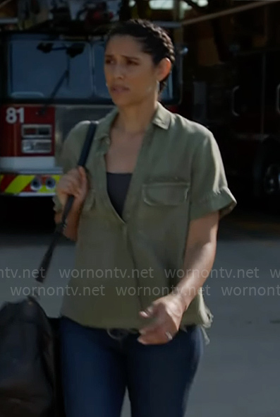 Stella's green frayed-hem top on Chicago Fire