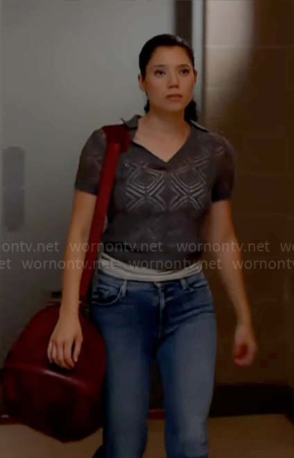 Violet's grey pointelle knit polo top on Chicago Fire