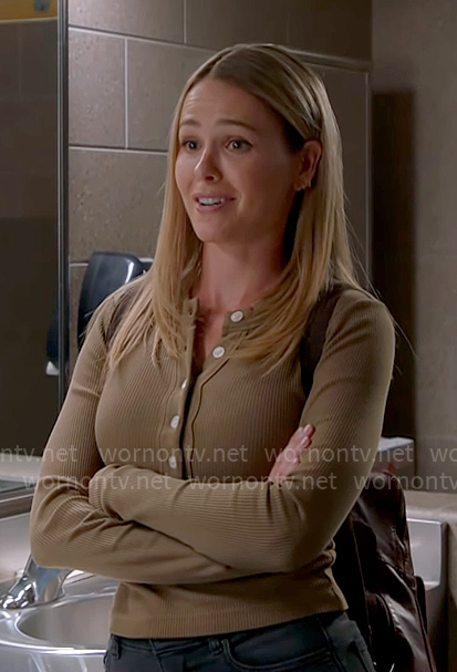 Lyla's beige green henley top on Chicago Fire