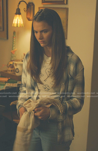 Emily's white heart print tee on No Good Deed