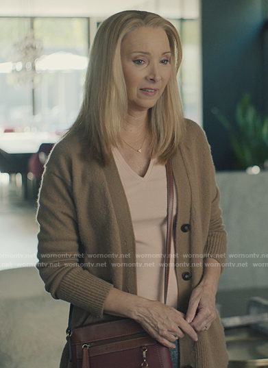 Lydia's beige cardigan and shoulder bag on No Good Deed