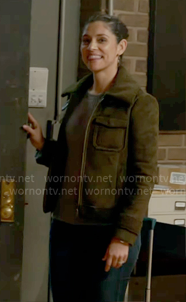 Stella's green suede jacket on Chicago Fire