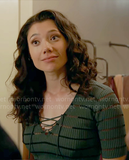 Violet's green rib knit lace-up top on Chicago Fire