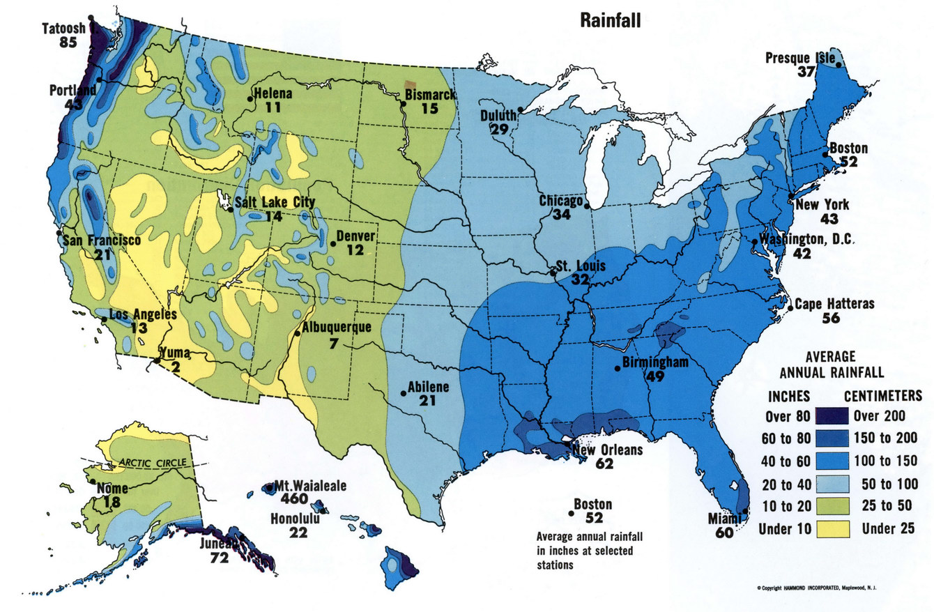 Map Of Us Rainfall - Hotels On Strip In Las Vegas Map