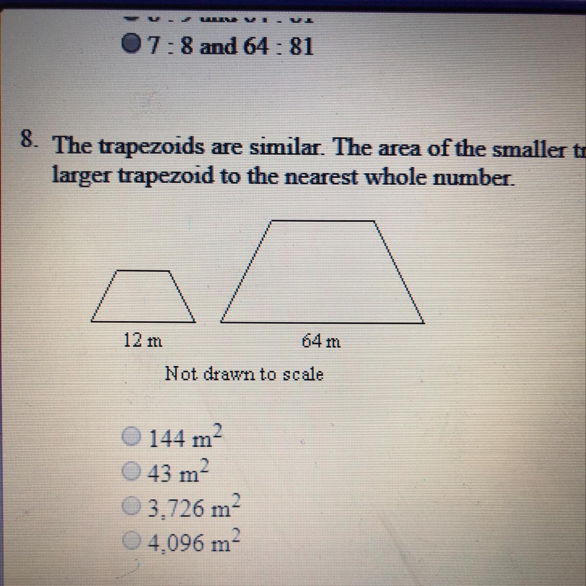 The trapezoids are similar. The area of the smaller trapezoid is