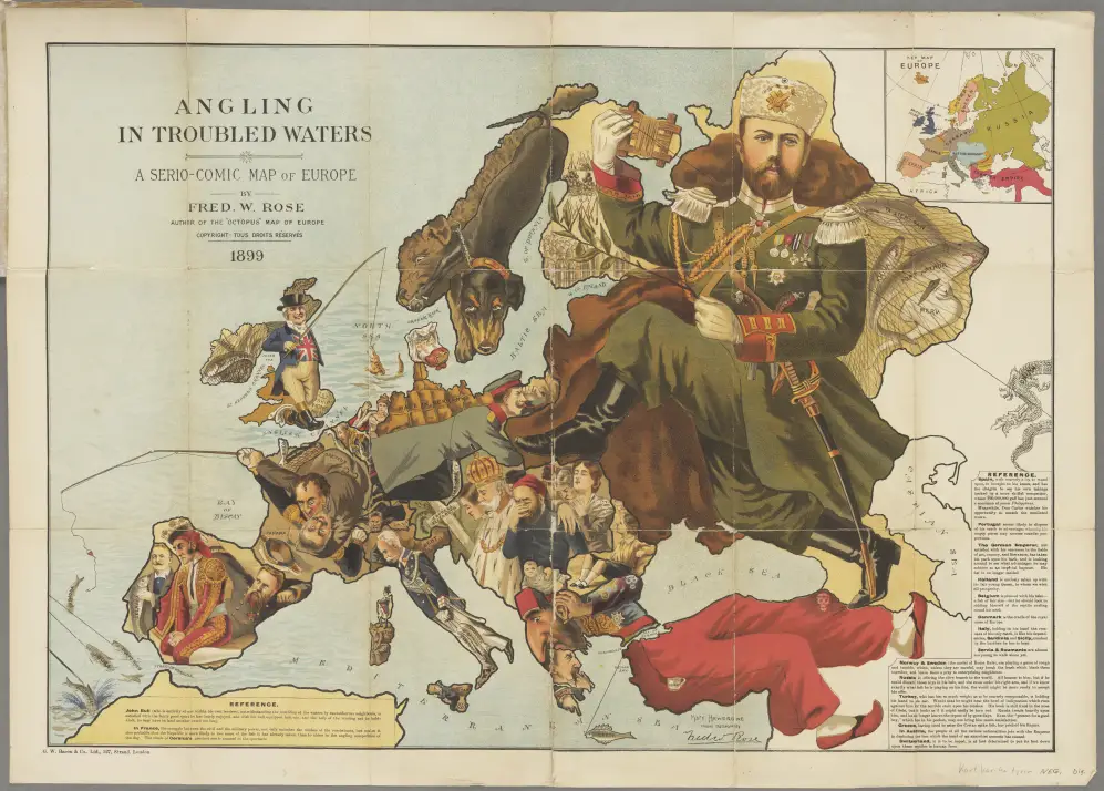 Angling in Troubled Waters, a Serio-Comic Map of Europe, by Fred W. Rose (1899)