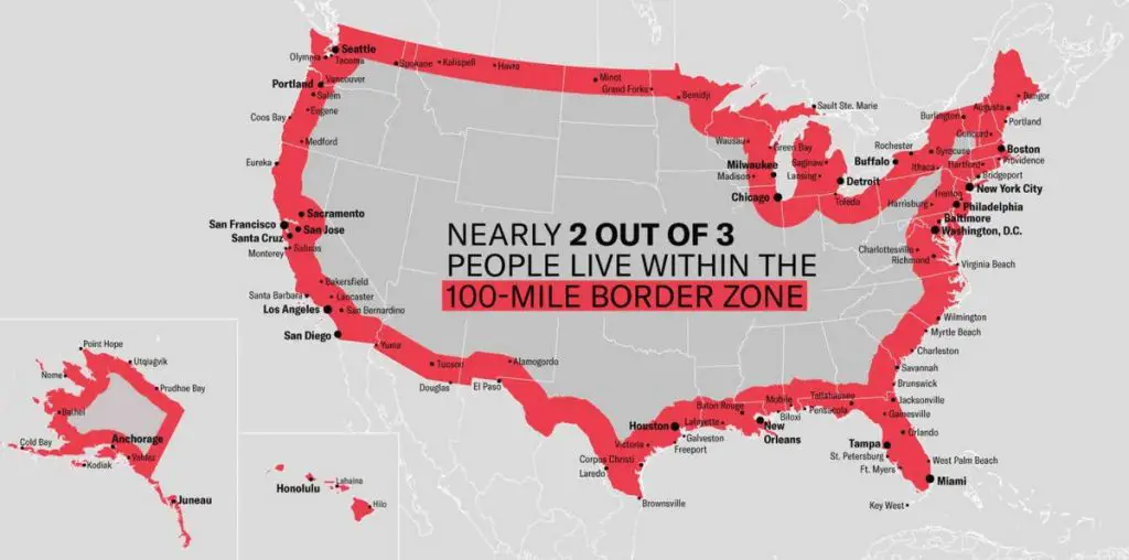 Map of 100 Mile Zone of the U.S.