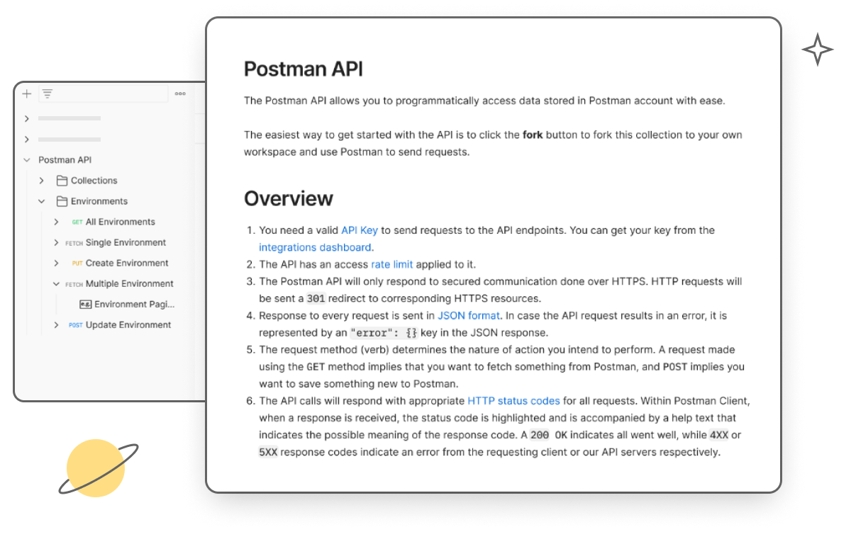 Postman A P I documentation screenshot. Illustration.