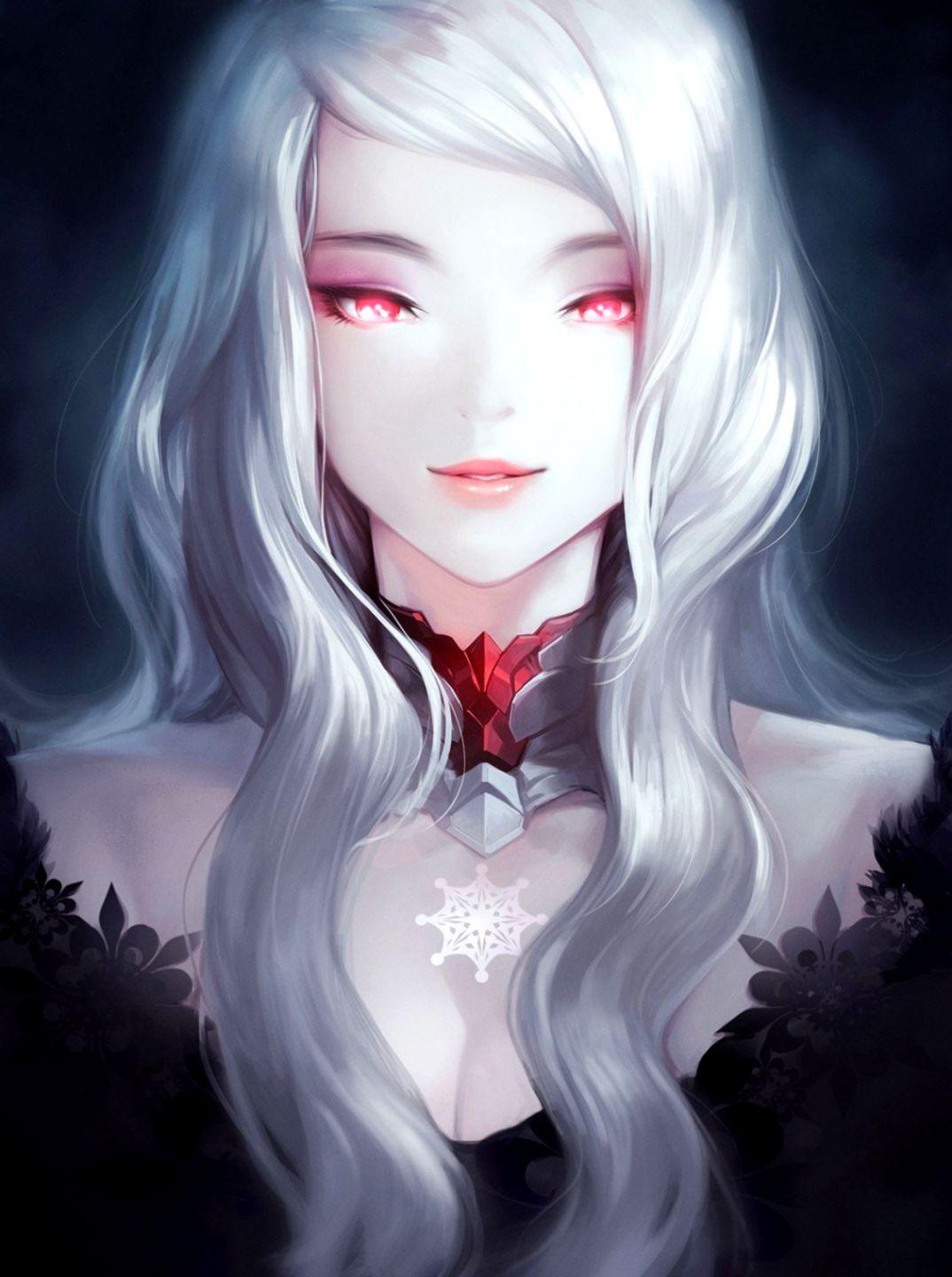 Anime Girl With Long White Hair And Red Eyes