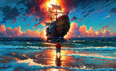 Luffy and pirate ship, One piece, anime