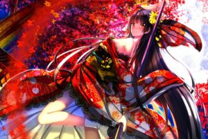 autumn, Black, Hair, Butterfly, Cropped, Japanese, Clothes, Leaves, Long, Hair, Orange, Eyes, Rory, Mercury, Socks, Staff, Swordsouls, Tree, Weapon