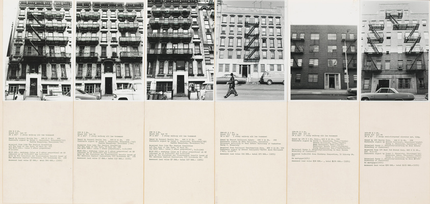 Series of black and white photos of urban buildings with fire escapes, paired with descriptive text panels below.