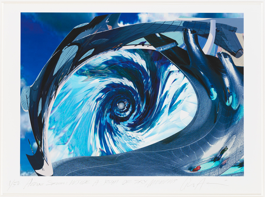 A vibrant digital artwork depicting a swirling vortex of blue and white hues, resembling a dynamic ocean whirlpool. Abstract elements that suggest futuristic architecture or machinery frame the whirlpool, adding a sense of motion and energy. The piece is numbered and signed by the artist in the lower margin.