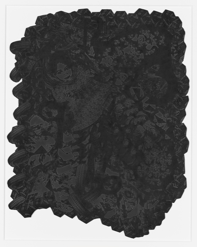 A detailed black and white illustration with intricate patterns and figures, featuring a central image of a girl surrounded by various characters and objects, all rendered in a lace-like, cut-out style. The edges of the artwork are scalloped, adding to the textile-like appearance.