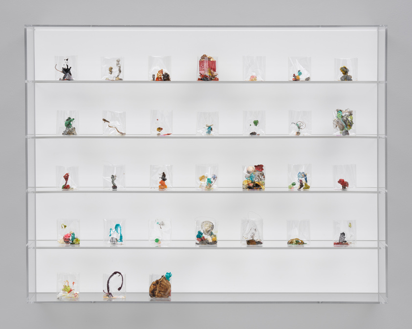 A display of various small, colorful objects arranged on clear shelves against a white wall.