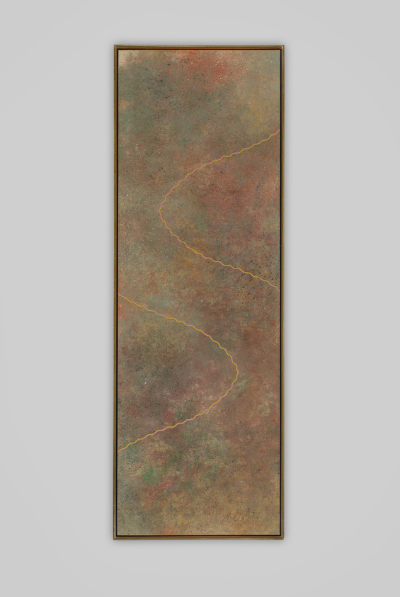 Vertical abstract painting with a textured, earth-toned background and two jagged, vein-like lines running diagonally.