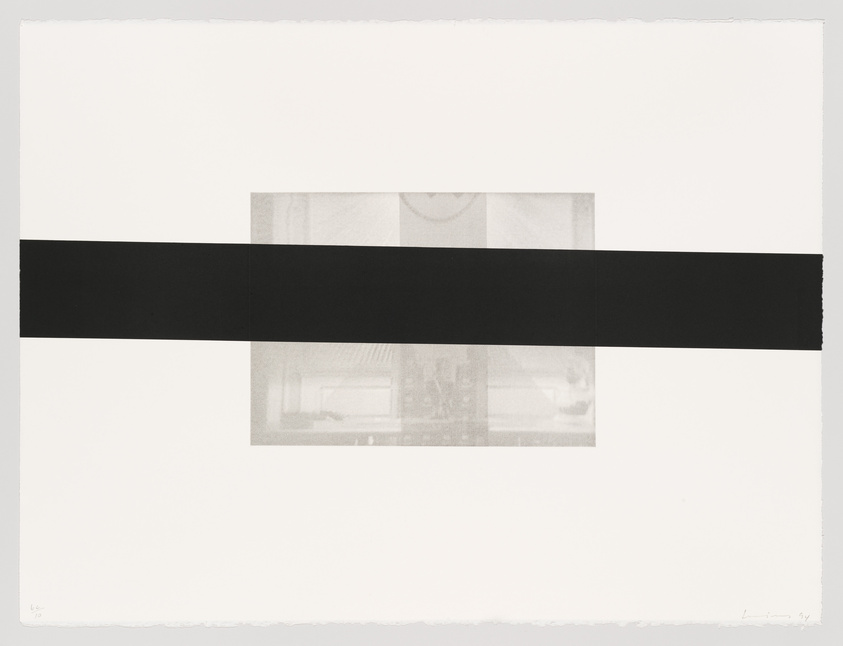 A minimalist artwork featuring a thick horizontal black stripe across the center on a white background with faint architectural and geometric shapes visible through the stripe. The piece is signed and numbered in the lower corners.