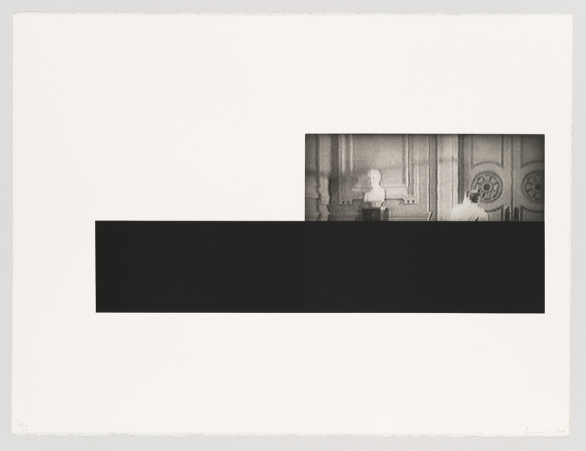 A black and white artwork featuring a central rectangular strip with a blurred image of an interior space, possibly a room with ornate details and a figure seated at a table, flanked by solid black blocks on either side. The piece is bordered by a wide white margin, and there is a signature at the bottom right corner.