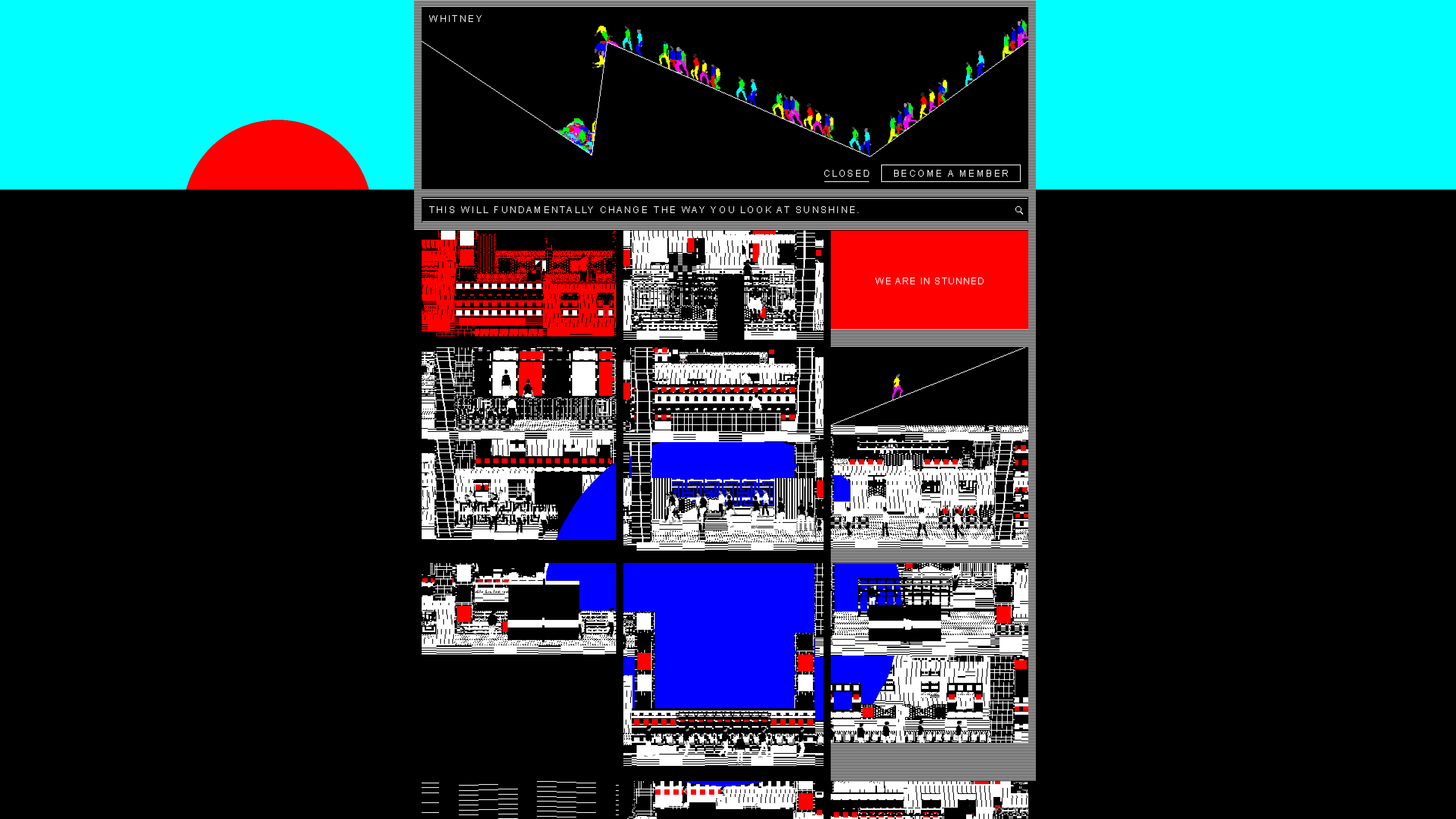 A grid of mostly black and white images on top of what appears to be the whitney.org homepage. A large blue circle is spread across the grid, with little people walking through various rooms and spaces. A red sun rises in the top left over a cyan sky.