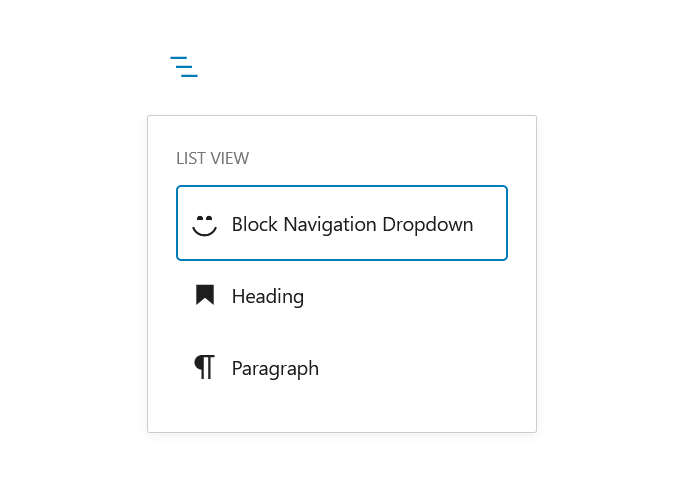 A screenshot of the WordPress Gutenberg block editor component "BlockNavigationDropdown".