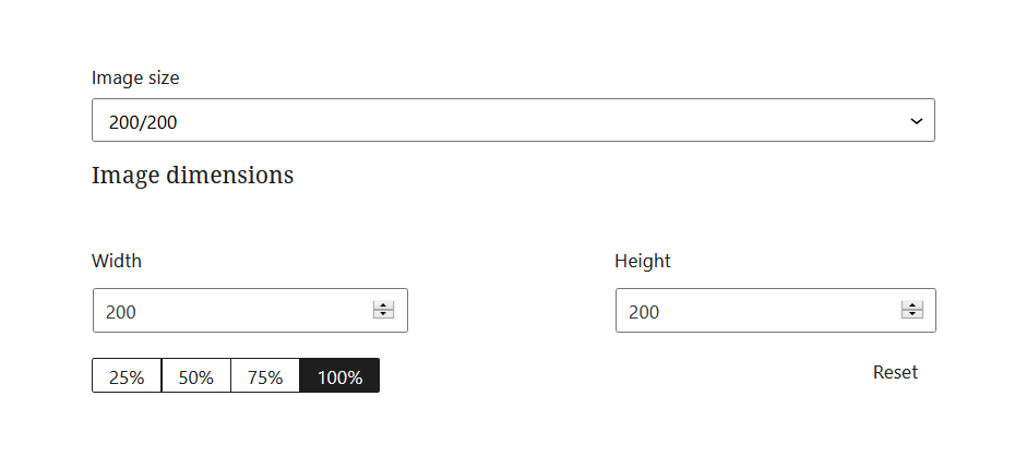 A screenshot of the WordPress Gutenberg block editor component "ImageSizeControl".