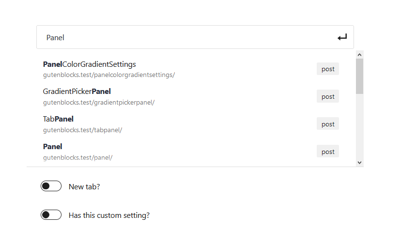 A screenshot of the WordPress Gutenberg block editor component "LinkControl".