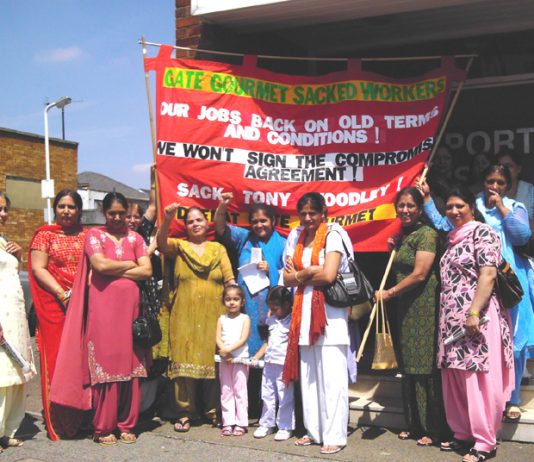 Confident Gate Gourmet locked-out workers lobbying the Hillingdon TGWU office on Friday