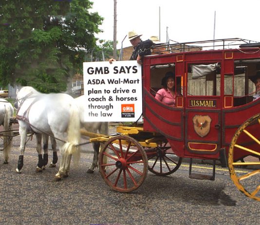 The GMB ‘Coach and Horses’ demonstrating in Charlton yesterday morning