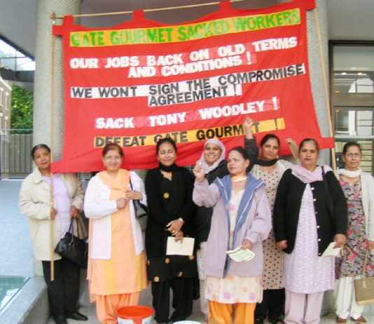 Gate Gourmet locked-out workers with their ‘Sack Tony Woodley’ banner outside the TUC yesterday morning