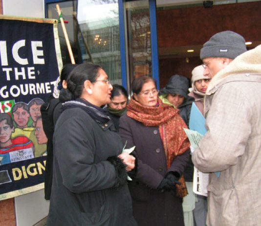 Gate Gourmet locked-out workers lobbying TGWU Executive Committee members demanding that their hardship payments be maintained while they are fighting for their reinstatement