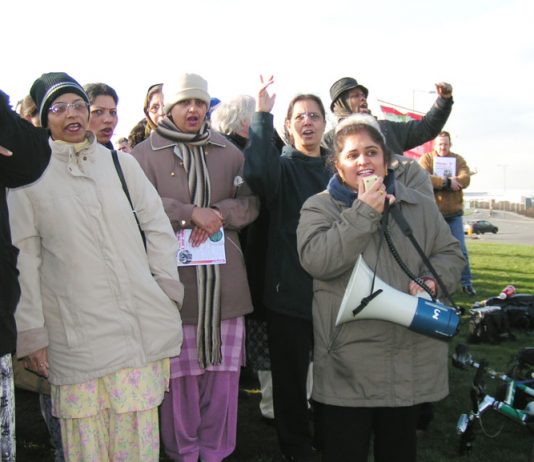 Gate Gourmet locked-out workers at their mass picket last month – this Friday’s mass picket will be on the sixth month anniversay of their dispute