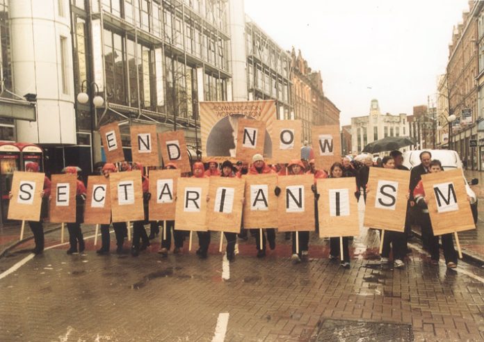 Postal workers marching during the General Strike in Belfast on January 18 2001 sparked by the sectarian killing of a young postal worker