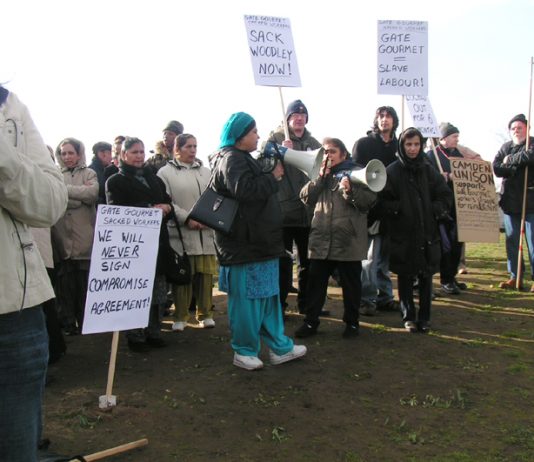 A section of last Friday’s 200-strong Gate Gourmet locked -out workers mass picket at Heathrow – see feature