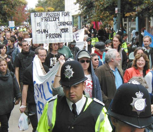 A section of last Saturday’s determined march against plans for a new immigration detention centre at Gatwick