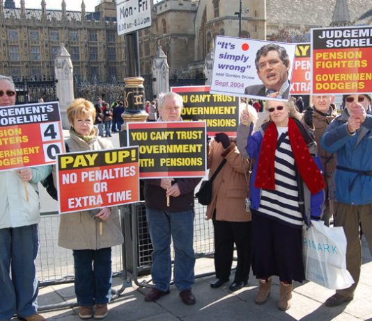 Workers who have lost their company pensions which were recommended by the government outside the House of Commons yesterday were demanding that Chancellor Brown pay up