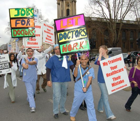 Angry doctors marching through London last Saturday calling for the scrapping of the government’s training ‘reforms’  which threaten thousands of jobs