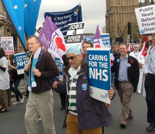 NHS trade unionists marching in London on November 3rd to defend the NHS against the privateers