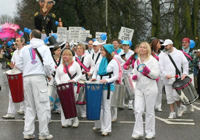 Some of the demonstrators who marched through Norwich last weekend against the Arts Council cuts that threaten the future of hundreds of theatre groups across Britain