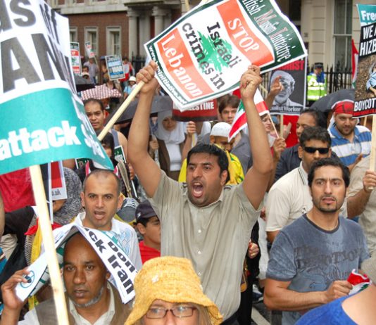 Angry Lebanese demonstrating in London against Israeli bombing of Lebanon last July