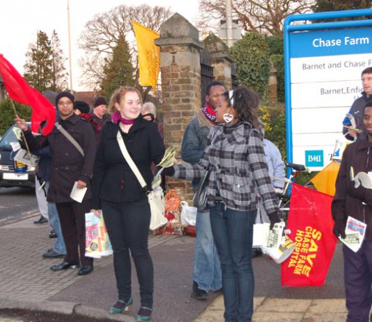 Part of the lively picket by trade unionists and youth determined to keep open Chase Farm Hospital in Enfield