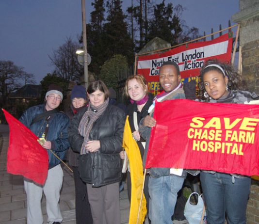 Part of Tuesday morning’s mass picket outside Chase Farm Hospital  – it began in the dark at 7.00am