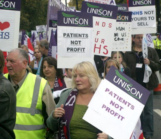 UNISON members marching in London on November 3 last year against the privatisation of the NHS