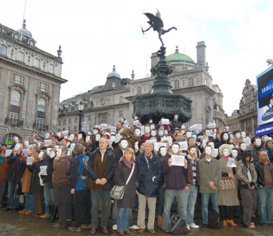 Equity members protest in London’s Piccadilly Circus against the Arts funding cuts