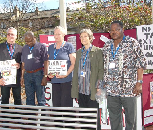 Wembley Park occupation members including NUT executive member HANK ROBERTS (left) taking their campaign to last year’s NUT conference